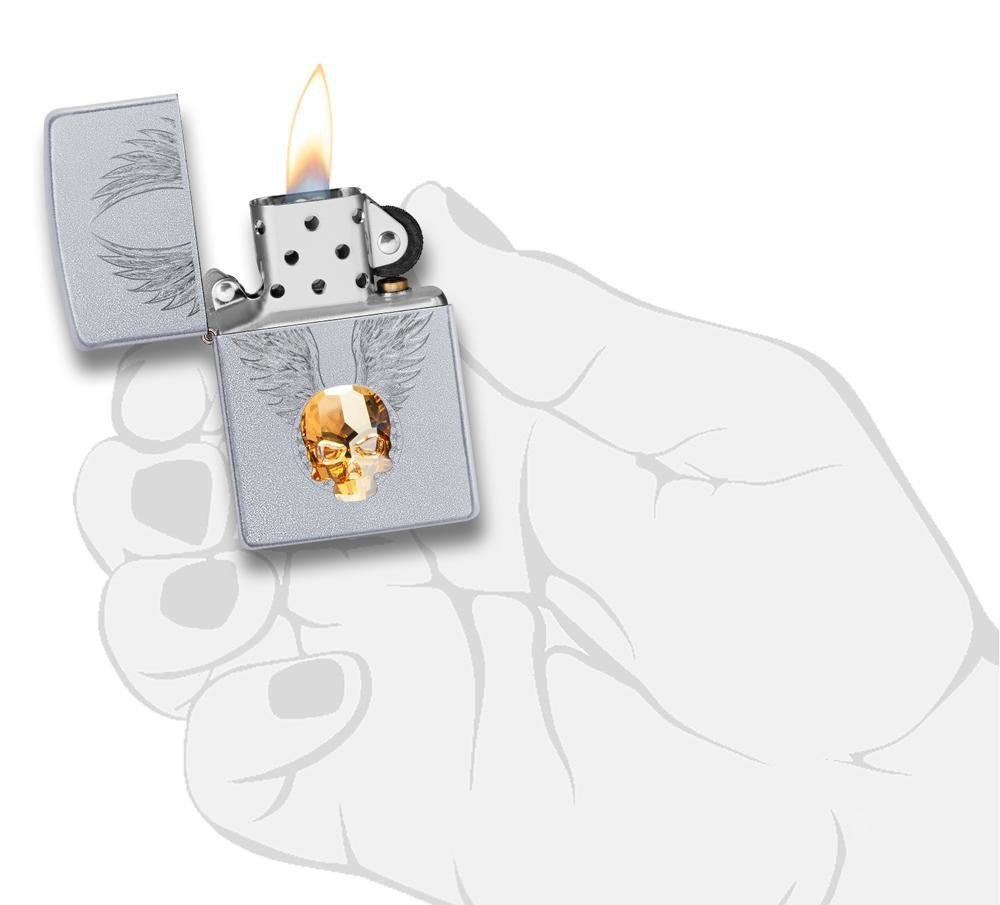 Zippo Gold Skull 3-D Crystal Emblem, Satin Chrome Finish, Genuine Lighter #49034