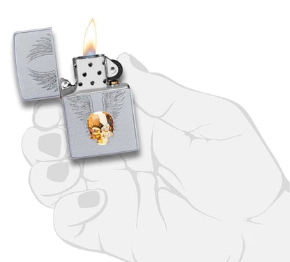 Zippo Gold Skull 3-D Crystal Emblem, Satin Chrome Finish, Genuine Lighter #49034