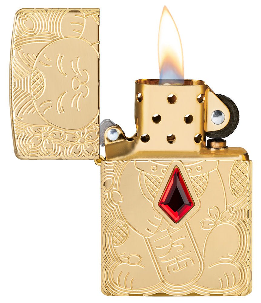 Zippo Lucky Cat, Deep Carve Emblem, High Polish Brass Armor Lighter #49802