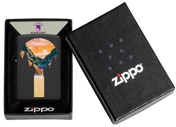 Zippo Mountain View Black Light Design, Black Matte Lighter #48676