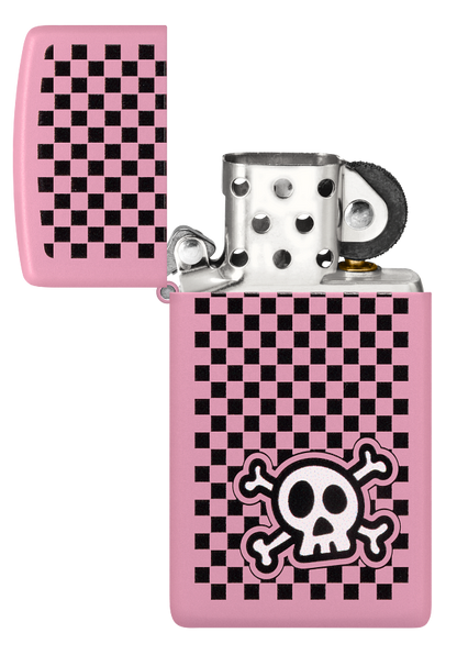 Zippo Slim Cute Emo Skull Checkered Design, Pink Matte Lighter #48680