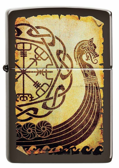 Zippo Viking Warship Design, Brown Genuine Windproof Pocket Lighter, USA #49182