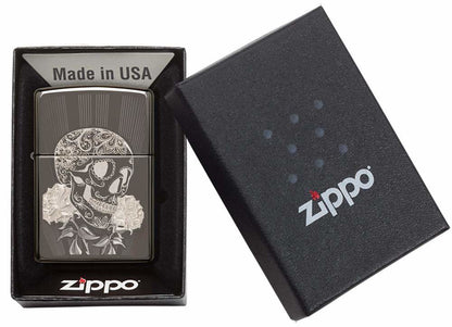 Zippo Fancy Skull, Laser Engraved Skull with Flowers, Windproof Lighter #29883