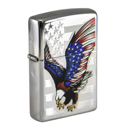 Zippo American Flag Eagle, High Polish Chrome, USA Genuine Lighter #28449