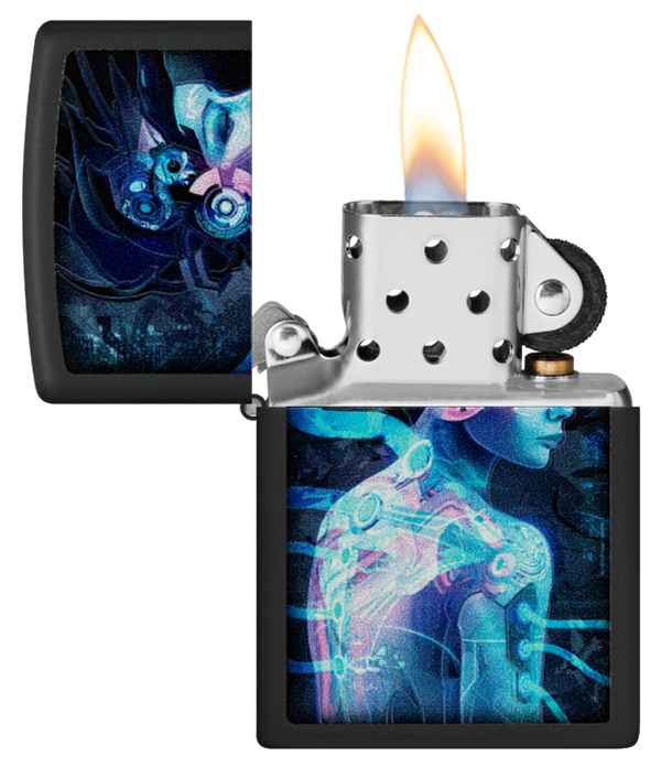 Zippo Cyberpunk Girl Black Light Design, Black Matte Lighter #48517