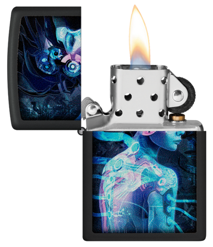 Zippo Cyberpunk Girl Black Light Design, Black Matte Lighter #48517