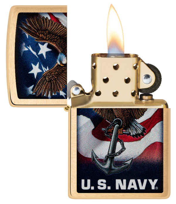 Zippo USA Navy Eagle and Flag Design, Brushed Brass Lighter #48549