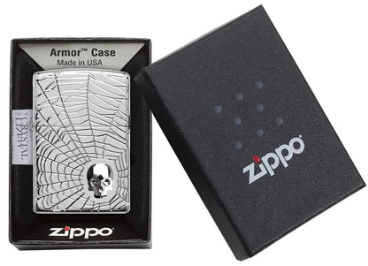 Zippo Spider Web Swarovski Crystal Skull, High Polish Chrome Lighter #29931