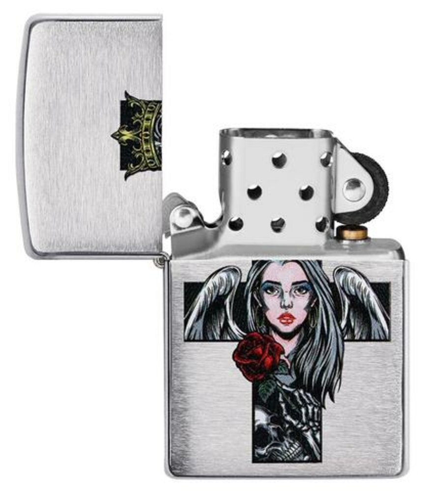 Zippo Cross Queen and Skull Design, Brushed Chrome, Windproof Lighter #49262