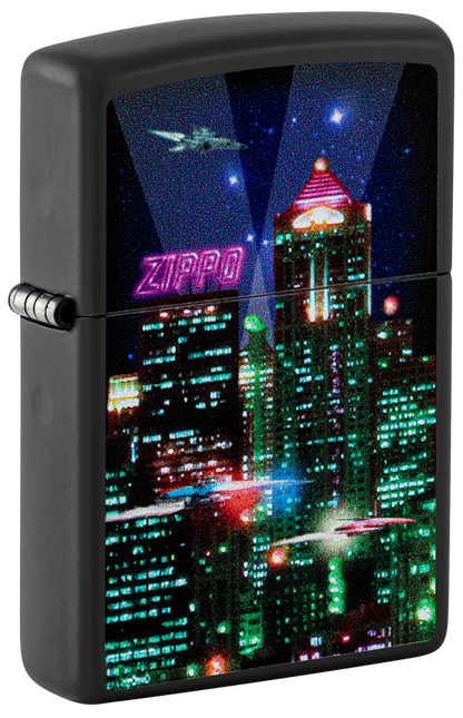 Zippo Cyberpunk City at Night Color Image Design, Black Matte Lighter #48506