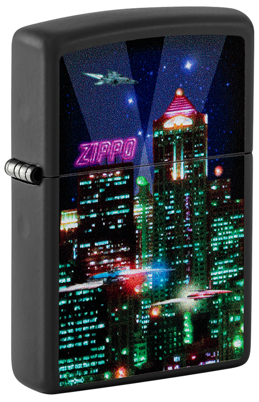 Zippo Cyberpunk City at Night Color Image Design, Black Matte Lighter #48506