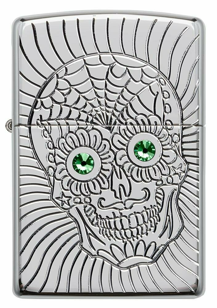 Zippo Armor Sugar Skull Deep Carved Design, High Polish Chrome Lighter #49172