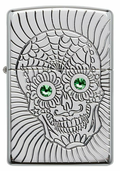 Zippo Armor Sugar Skull Deep Carved Design, High Polish Chrome Lighter #49172