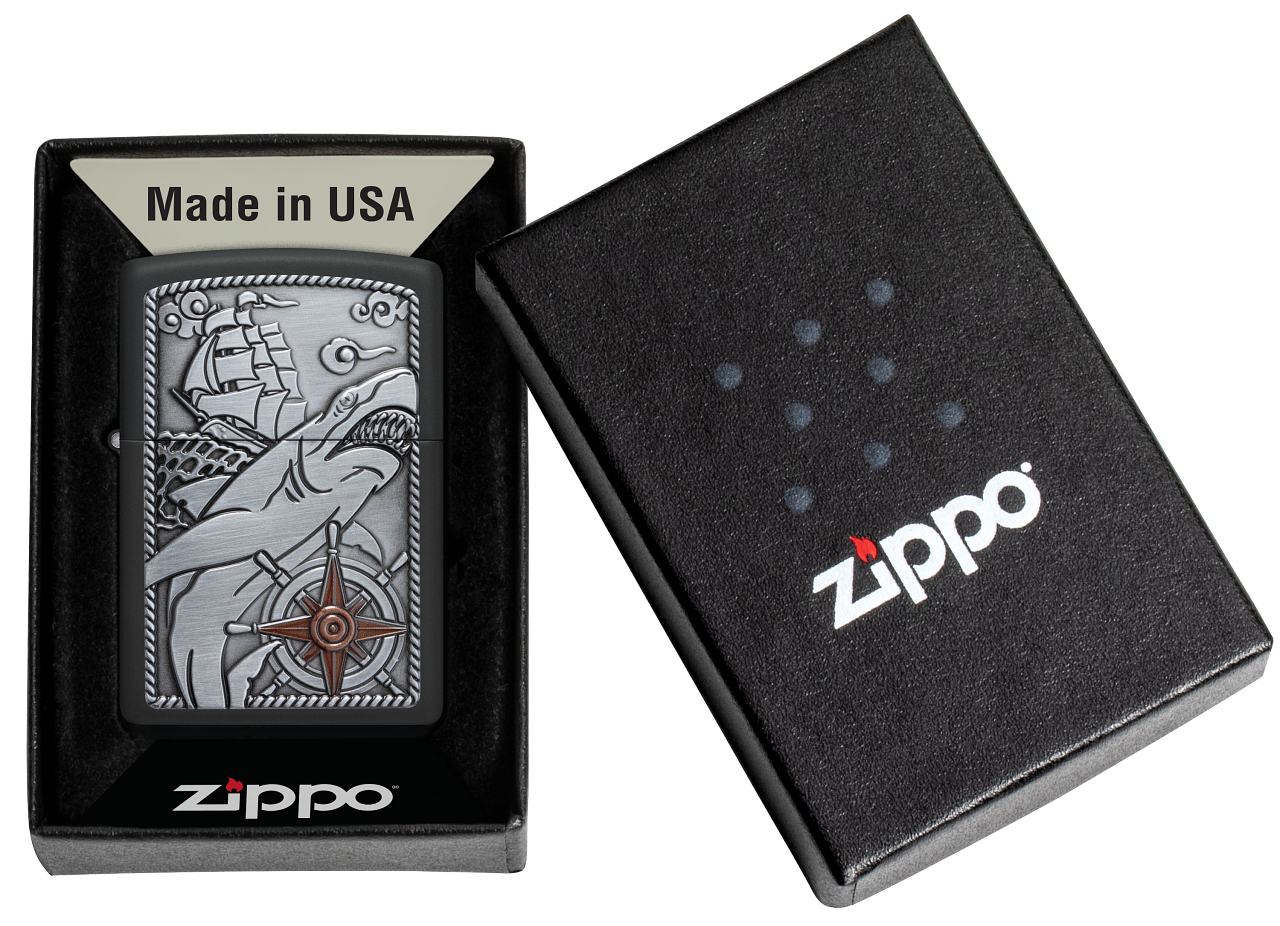 Zippo Nautical Shark Emblem Attached, Black Matte Lighter #48120