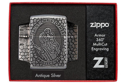 Zippo St. Christopher Protect Us, 360° Antique Silver Finish Armor Lighter #49160