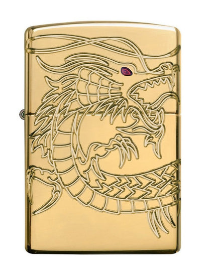 Zippo High Polish Gold Plate w/Epoxy Inlay, Asian Chinese Dragon Lighter #29265