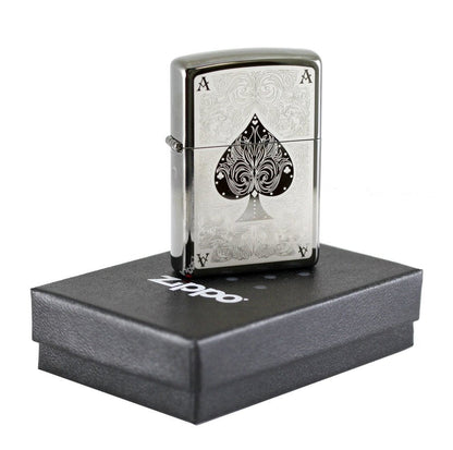 Zippo Ace Filigree Lighter, Spades, Black Ice Finish, Windproof #28323