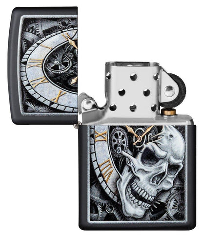 Zippo Skull Clock, Black Matte Finish, Genuine Windproof Lighter #29854