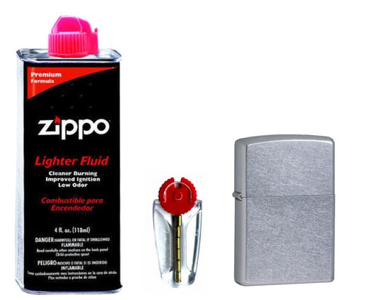 Zippo All-In-One Gift Kit, Street Chrome Lighter + Fluid + Zippo Flints #24651