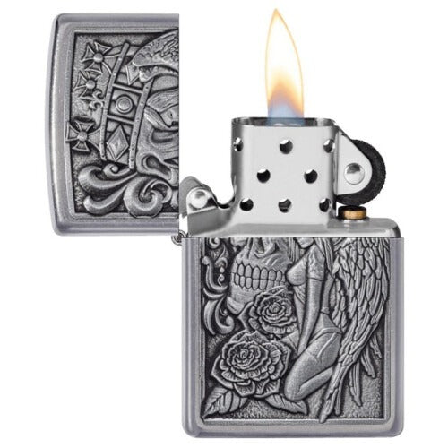 Zippo Skull and Angel Emblem, Street Chrome Finish, Windproof Lighter #49442