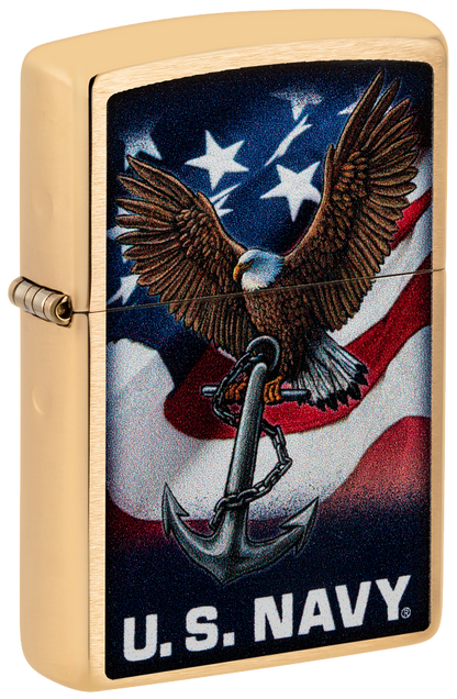 Zippo USA Navy Eagle and Flag Design, Brushed Brass Lighter #48549