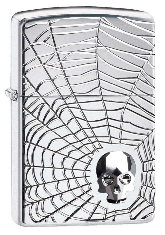 Zippo Spider Web Swarovski Crystal Skull, High Polish Chrome Lighter #29931