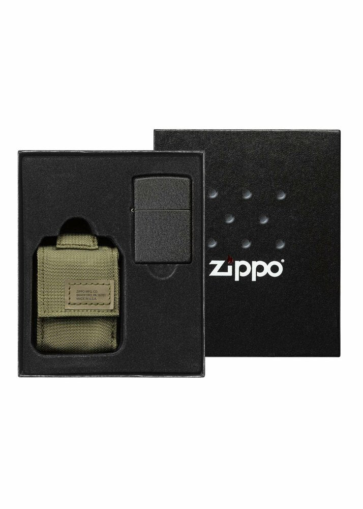 Zippo Black Crackle Lighter + OD Green Molle Pouch Gift Set, Made in USA #49400