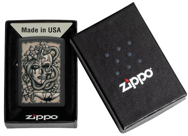 Zippo Lady Skull and Snake Design, Black Matte Finish Lighter #48616