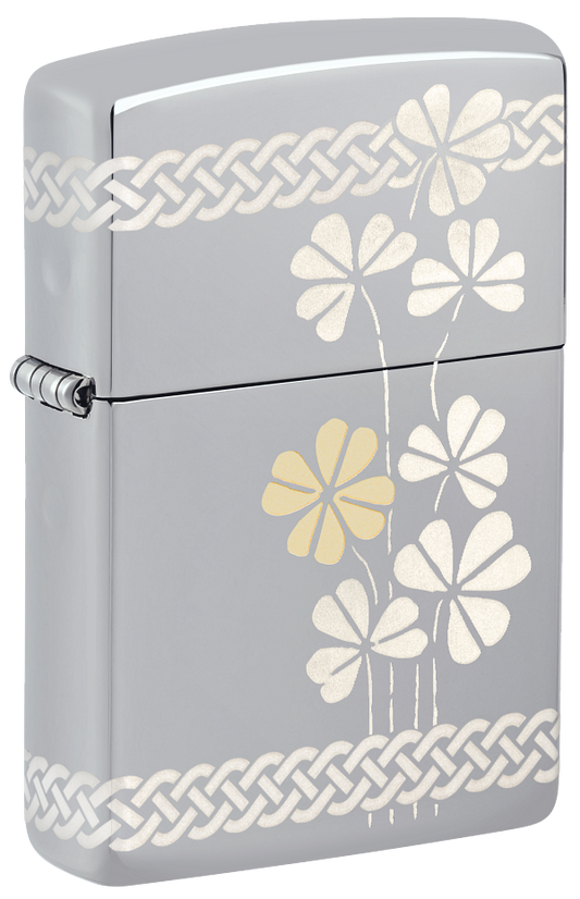 Zippo Four Leaf Clover 360 Design, High Polish Chrome Lighter #48586