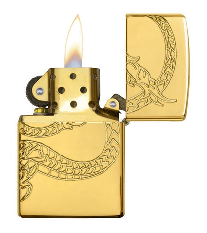 Zippo High Polish Gold Plate w/Epoxy Inlay, Asian Chinese Dragon Lighter #29265