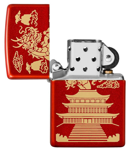 Zippo Japanese Dragon House Laser Engraved, Metallic Red Windproof Lighter #49517