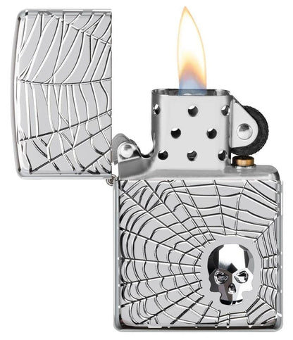 Zippo Spider Web Swarovski Crystal Skull, High Polish Chrome Lighter #29931