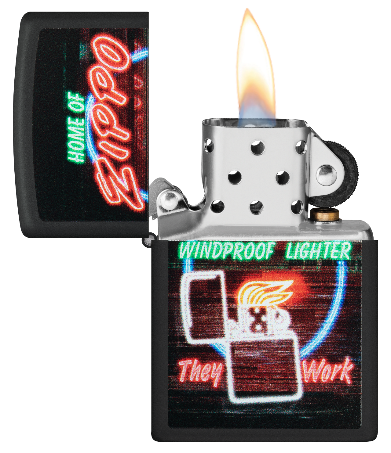 Zippo Neon Sign Design, Black Matte Lighter #48455