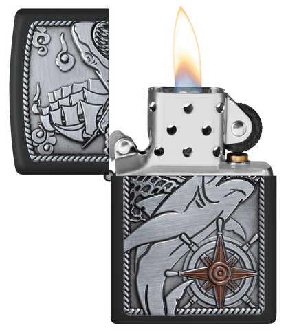 Zippo Nautical Shark Emblem Attached, Black Matte Lighter #48120