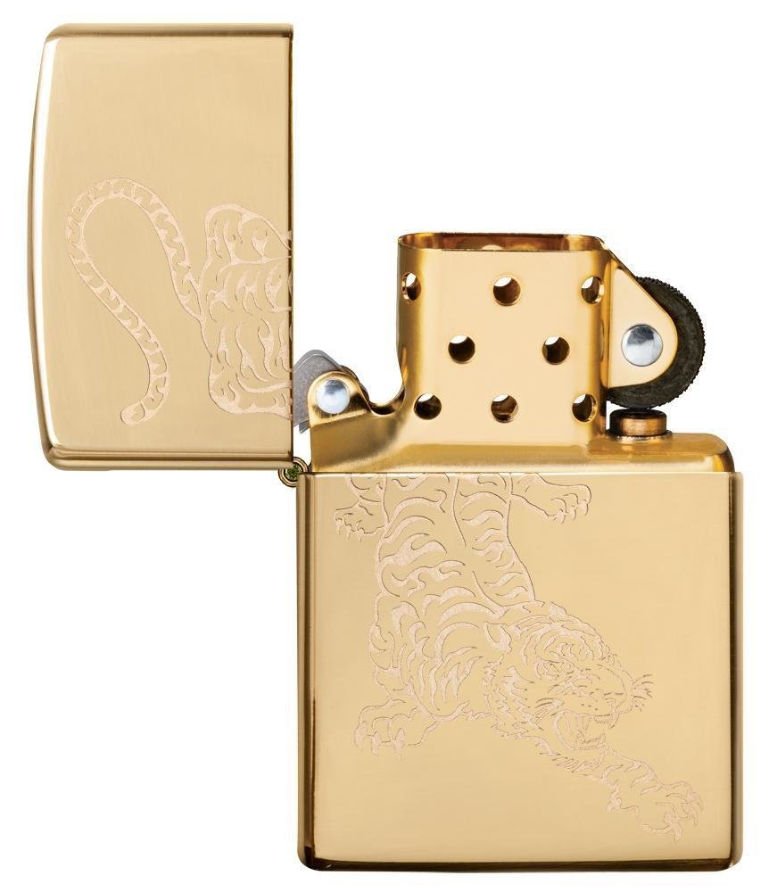 Zippo Tiger Design, Engraved High Polish Brass Genuine Windproof Lighter #29884