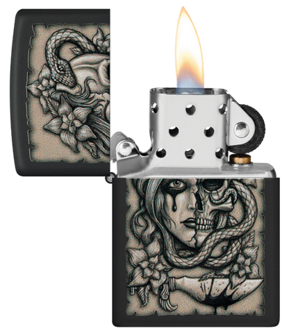 Zippo Lady Skull and Snake Design, Black Matte Finish Lighter #48616