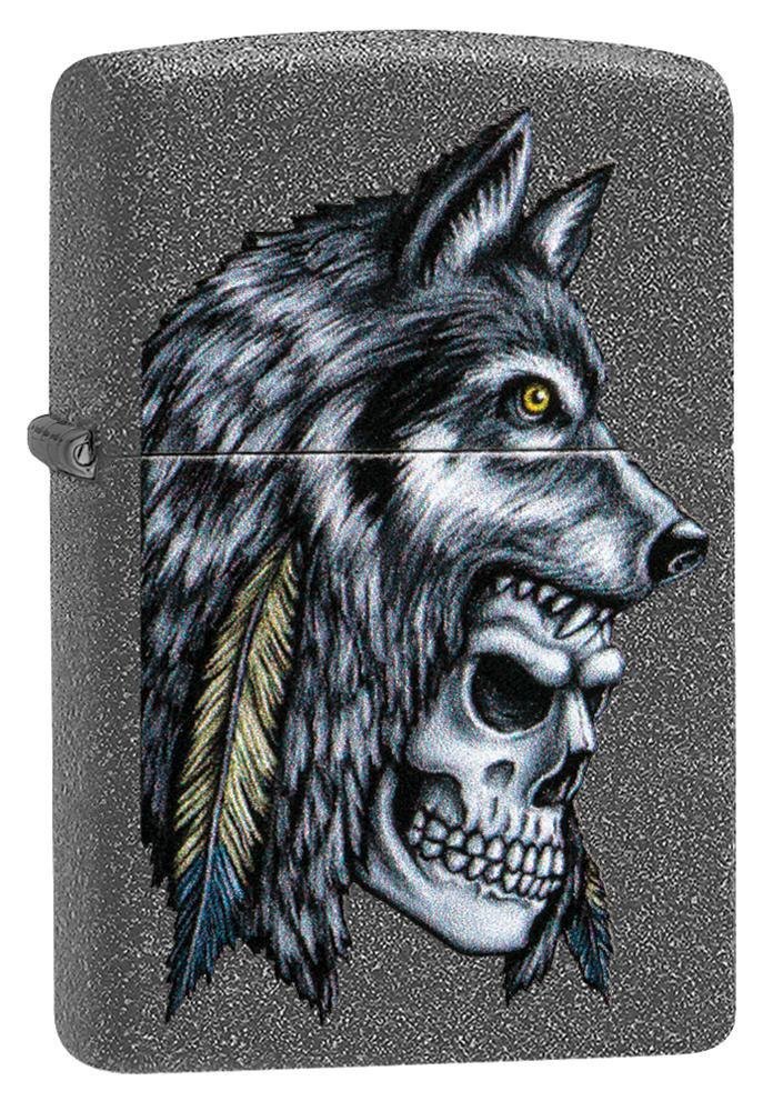 Zippo Wolf Skull Feather, Native American, Iron Stone Finish Lighter #29863