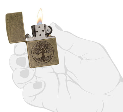 Zippo Tree of Life Lighter, Antique Brass Zippo Flame #29149