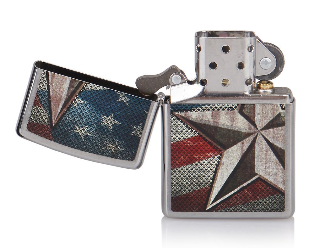 Zippo Retro Star and Flag Lighter, Brushed Chrome, Windproof #28653