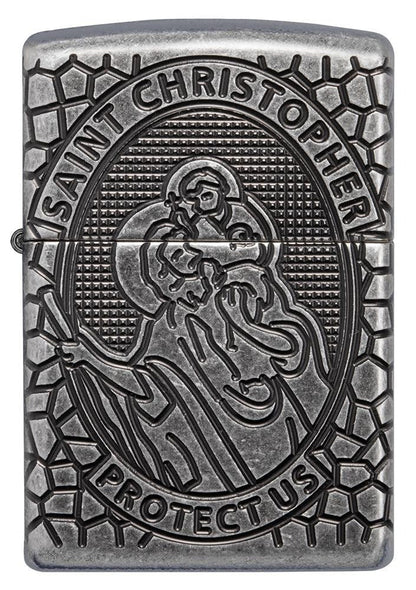 Zippo St. Christopher Protect Us, 360° Antique Silver Finish Armor Lighter #49160