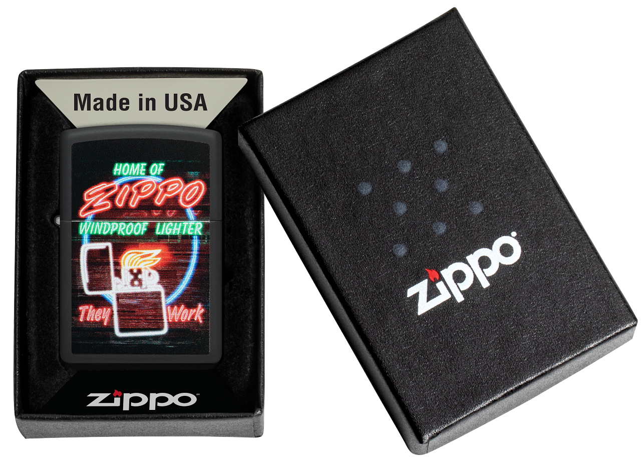 Zippo Neon Sign Design, Black Matte Lighter #48455