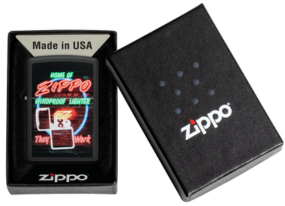 Zippo Neon Sign Design, Black Matte Lighter #48455