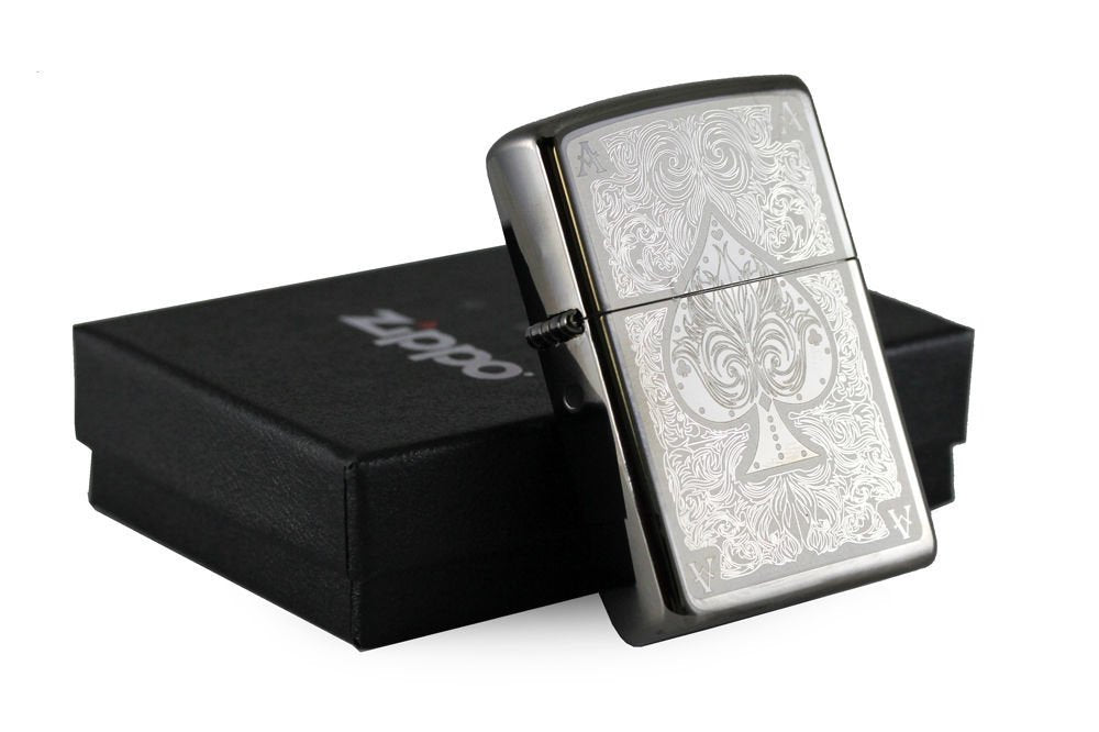 Zippo Ace Filigree Lighter, Spades, Black Ice Finish, Windproof #28323