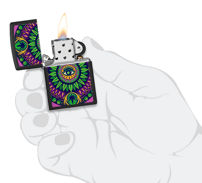 Zippo Cannabis Trippy Eye Black Light Design, Black Matte Lighter #48583