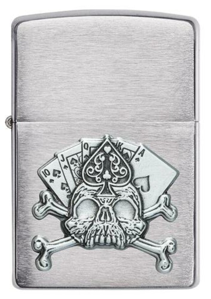 Zippo Card Skull Casino Gambling 3D Emblem, Brushed Chrome Finish Lighter #49293