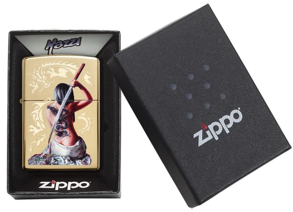 Zippo Mazzi Girl With Dragon Tattoo Samurai Lighter, High Polish Brass #29668