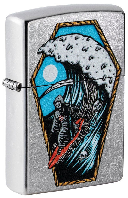 Zippo Surfing Grim Reaper Design, Street Chrome Finish Lighter #49788