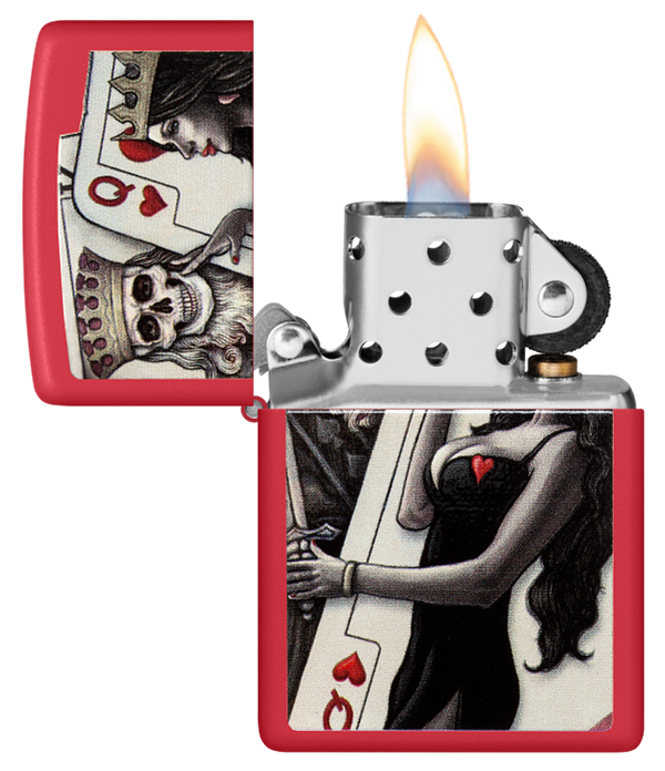 Zippo King and Queen Playing Cards, Red Matte Lighter #48624