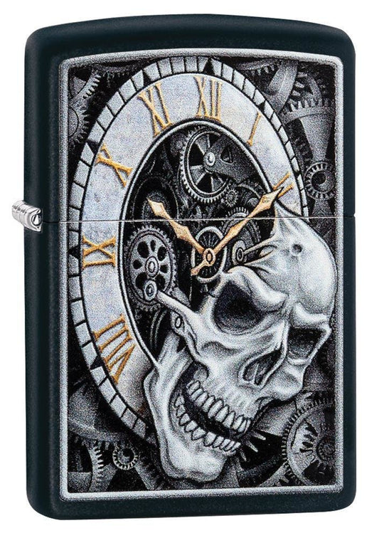 Zippo Skull Clock, Black Matte Finish, Genuine Windproof Lighter #29854