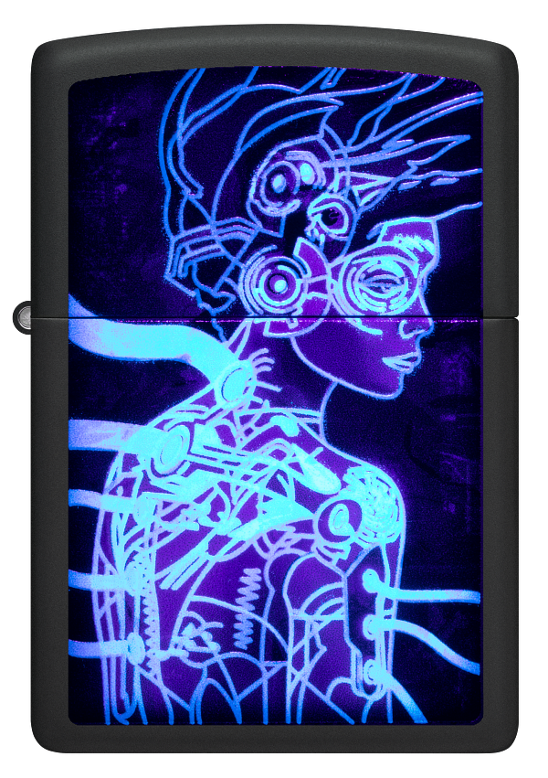 Zippo Cyberpunk Girl Black Light Design, Black Matte Lighter #48517